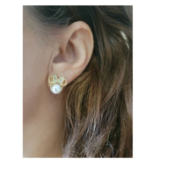 Gold Plated Disney Minnie Mouse Pearl Rhinestone Stud Earrings Cute Bow S925 - Picture 2 of 3